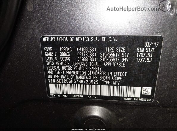 3CZRU6H57HM720929 2017 HONDA HR-V Gray Vista del compartimento del motor