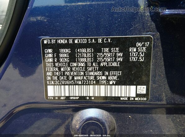 3CZRU6H57HM723104 2017 HONDA HR-V Blue Вид підкапотного простору