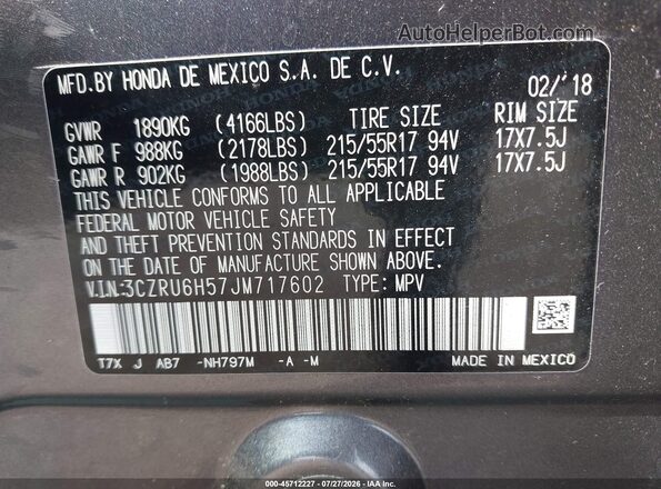 3CZRU6H57JM717602 2018 HONDA HR-V Gray Շարժիչի բաժամունքի տեսք
