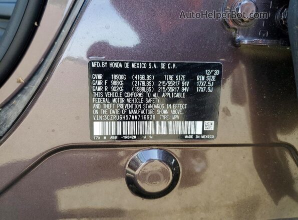 3CZRU6H57MM716938 2021 HONDA HR-V Maroon VIN կոդի պիտակի տեսք