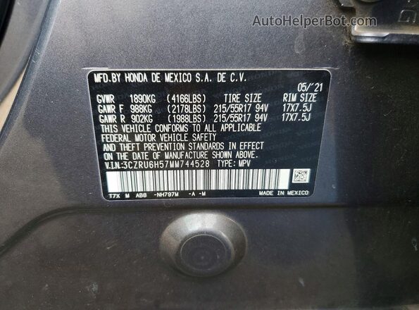 3CZRU6H57MM744528 2021 HONDA HR-V Gray Widok naklejki z numerem VIN