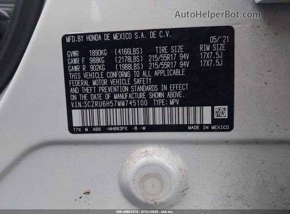 3CZRU6H57MM745100 2021 HONDA HR-V White Widok komory silnika