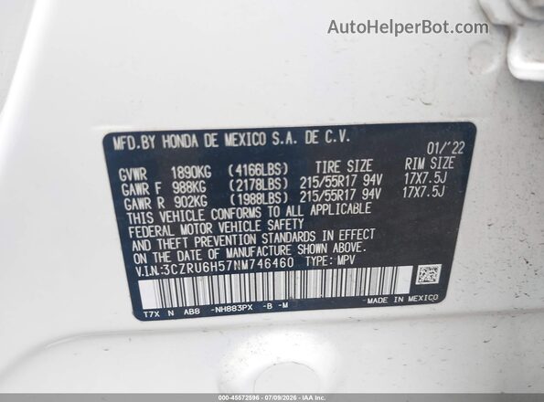 3CZRU6H57NM746460 2022 HONDA HR-V White ძრავის განყოფილების ხედი