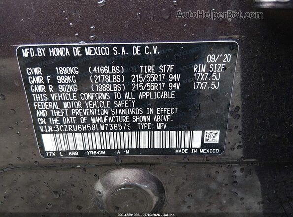 3CZRU6H58LM736579 2020 HONDA HR-V Purple Vista del compartimento del motor