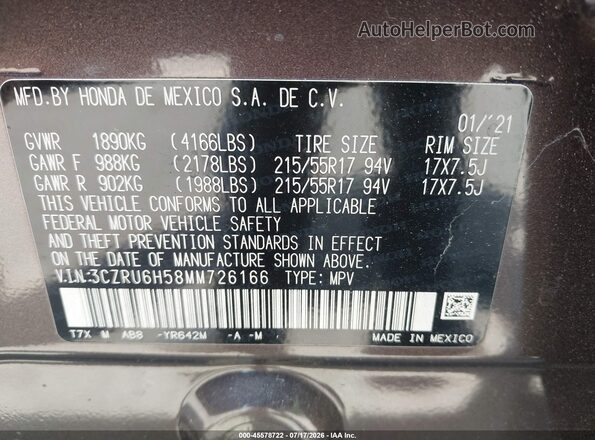 3CZRU6H58MM726166 2021 HONDA HR-V Purple ძრავის განყოფილების ხედი