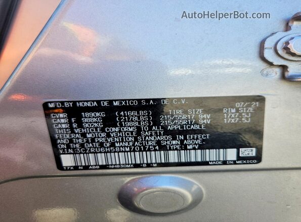 3CZRU6H58NM701754 2022 HONDA HR-V Silver VIN კოდის სტიკერის ხედი
