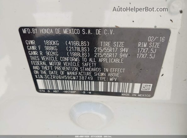 3CZRU6H59GM738749 2016 HONDA HR-V Beige Вид підкапотного простору