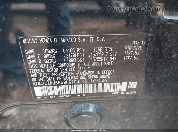 3CZRU6H59HG703015 2017 HONDA HR-V Black ძრავის განყოფილების ხედი
