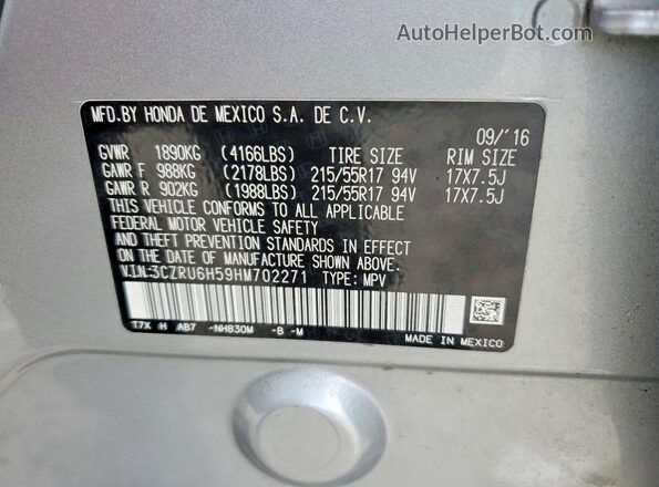 3CZRU6H59HM702271 2017 HONDA HR-V Серебряный Вид наклейки с VIN-кодом