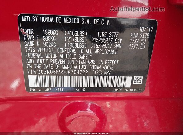 3CZRU6H59JG704722 2018 HONDA HR-V Red Շարժիչի բաժամունքի տեսք