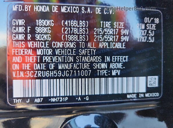 3CZRU6H59JG711007 2018 HONDA HR-V Black VIN կոդի պիտակի տեսք