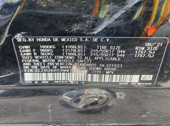 3CZRU6H59MM754106 2021 HONDA HR-V Black Вид наклейки з VIN-кодом