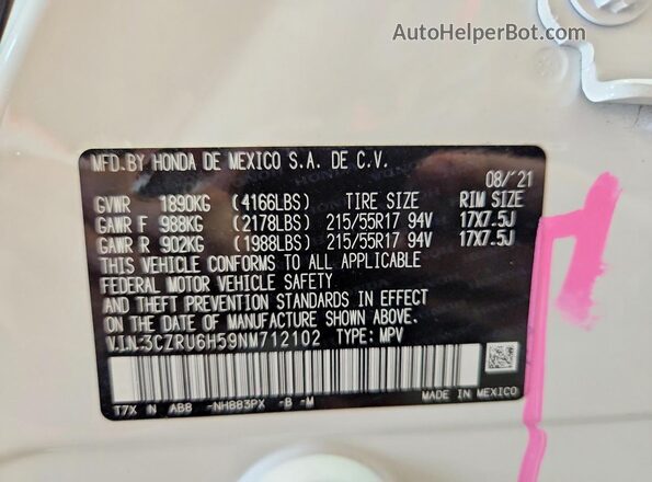 3CZRU6H59NM712102 2022 HONDA HR-V White სალონის 360-გრადუსიანი ხედი