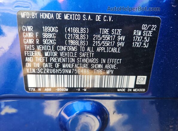 3CZRU6H59NM756486 2022 HONDA HR-V Blue Vista de la etiqueta del VIN