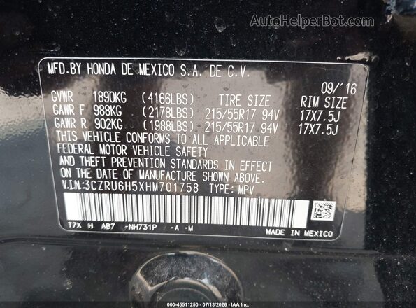 3CZRU6H5XHM701758 2017 HONDA HR-V Black Widok komory silnika