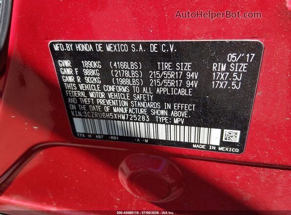 3CZRU6H5XHM725283 2017 HONDA HR-V Red Вид підкапотного простору