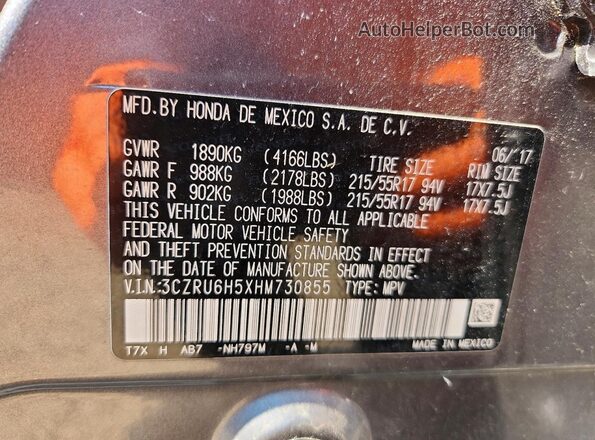 3CZRU6H5XHM730855 2017 HONDA HR-V Gray VIN კოდის სტიკერის ხედი