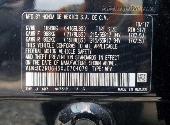 3CZRU6H5XJG704079 2018 HONDA HR-V Black VIN კოდის სტიკერის ხედი
