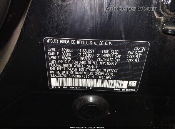 3CZRU6H5XMM736214 2021 HONDA HR-V Black Շարժիչի բաժամունքի տեսք