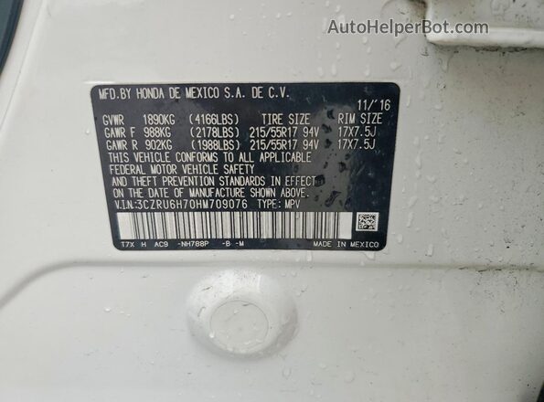 3CZRU6H70HM709076 2017 HONDA HR-V White Вид наклейки з VIN-кодом