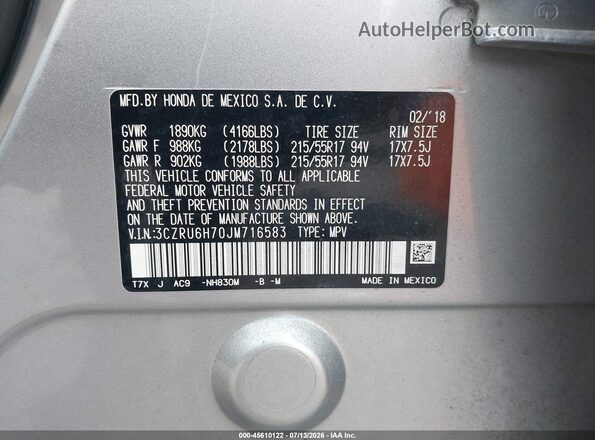 3CZRU6H70JM716583 2018 HONDA HR-V Silver Engine compartment view