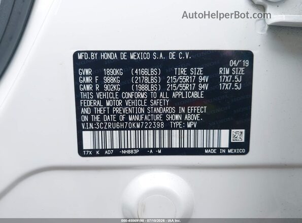 3CZRU6H70KM722398 2019 HONDA HR-V White Շարժիչի բաժամունքի տեսք