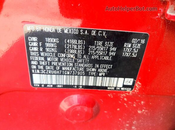 3CZRU6H71GM737905 2016 HONDA HR-V Красный Вид наклейки с VIN-кодом