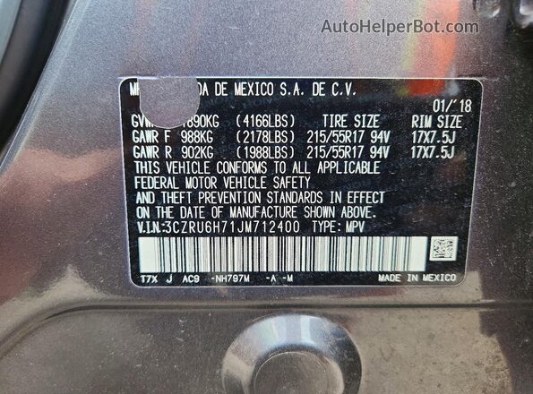 3CZRU6H71JM712400 2018 HONDA HR-V Gray VIN sticker view