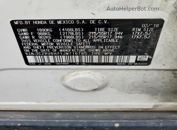 3CZRU6H71JM716785 2018 HONDA HR-V White VIN կոդի պիտակի տեսք