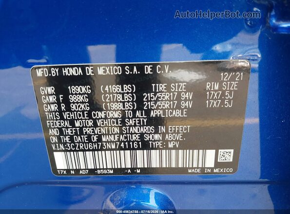 3CZRU6H73NM741161 2022 HONDA HR-V Blue Շարժիչի բաժամունքի տեսք