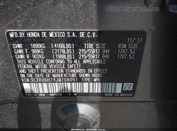 3CZRU6H74JM708051 2018 HONDA HR-V Gray Widok komory silnika