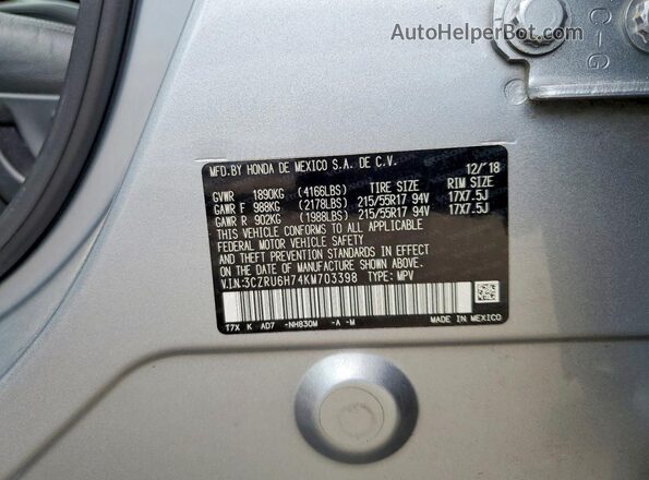 3CZRU6H74KM703398 2019 HONDA HR-V Silver Vista de la etiqueta del VIN