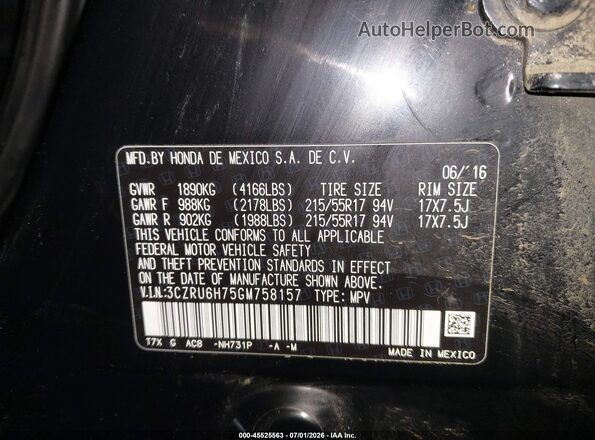 3CZRU6H75GM758157 2016 HONDA HR-V Black Vista del compartimento del motor