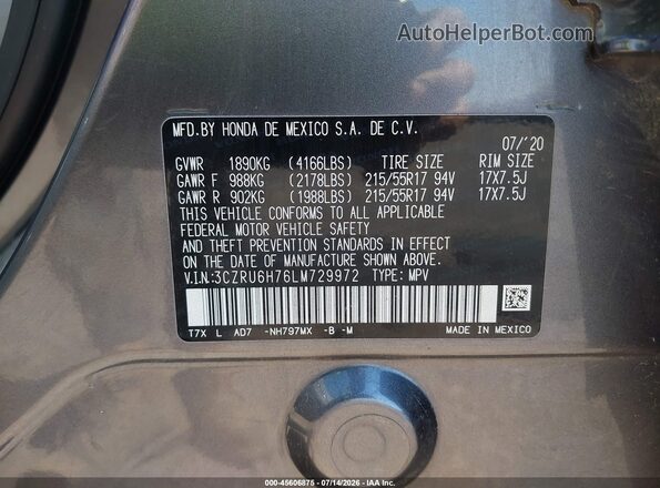 3CZRU6H76LM729972 2020 HONDA HR-V Gray Շարժիչի բաժամունքի տեսք