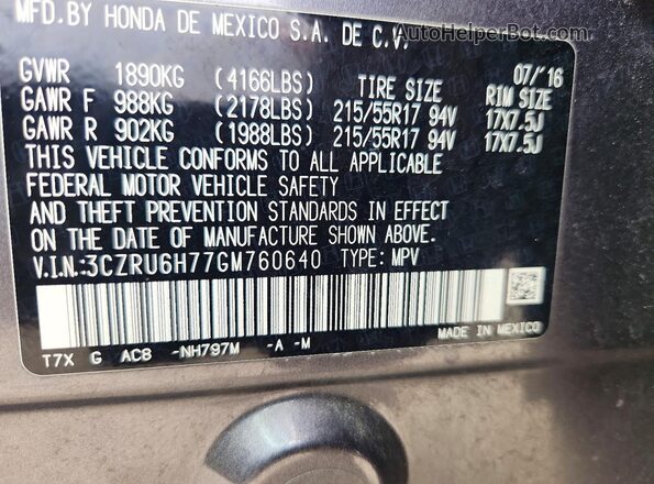 3CZRU6H77GM760640 2016 HONDA HR-V Charcoal Вид наклейки з VIN-кодом