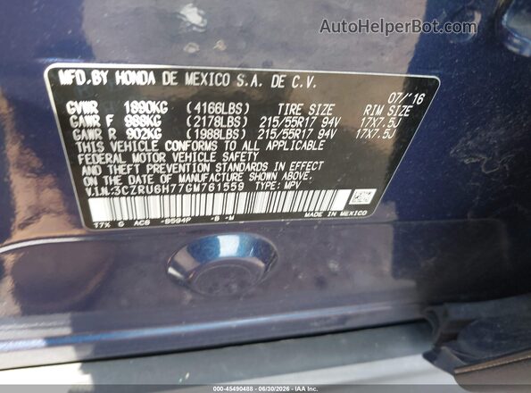 3CZRU6H77GM761559 2016 HONDA HR-V Blue Widok komory silnika