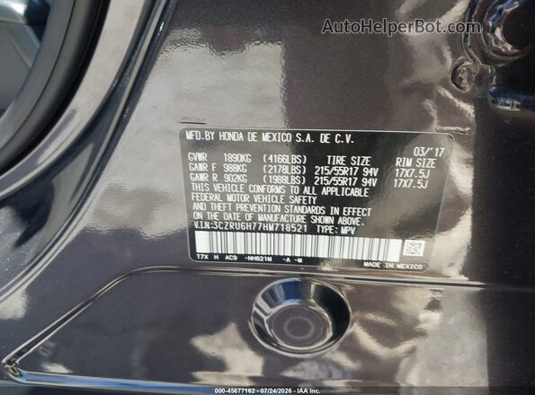 3CZRU6H77HM718521 2017 HONDA HR-V Black Вид підкапотного простору
