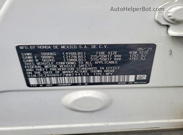 3CZRU6H77MM744174 2021 HONDA HR-V White VIN sticker view