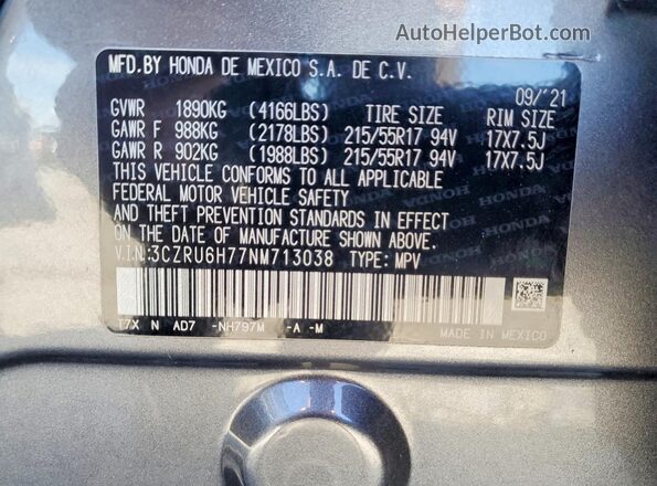 3CZRU6H77NM713038 2022 HONDA HR-V Gray VIN կոդի պիտակի տեսք