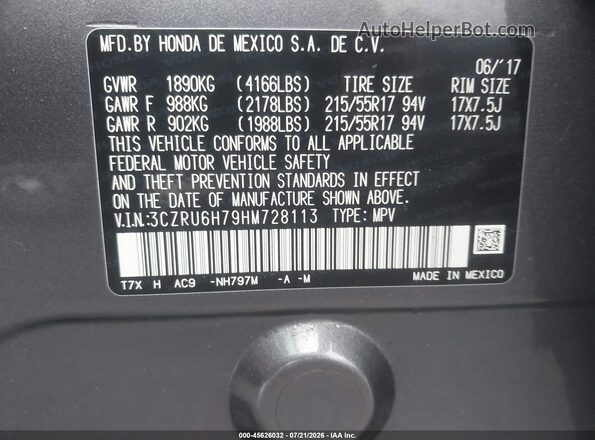 3CZRU6H79HM728113 2017 HONDA HR-V Gray Widok komory silnika