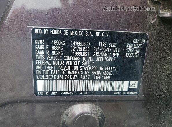 3CZRU6H79KM717037 2019 HONDA HR-V Purple VIN կոդի պիտակի տեսք
