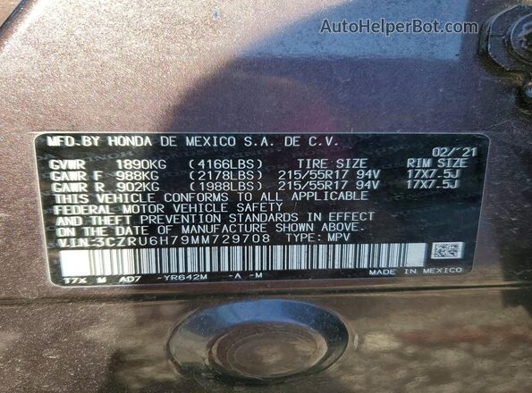 3CZRU6H79MM729708 2021 HONDA HR-V Purple VIN sticker view