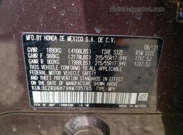 3CZRU6H79NM705765 2022 HONDA HR-V Purple VIN կոդի պիտակի տեսք