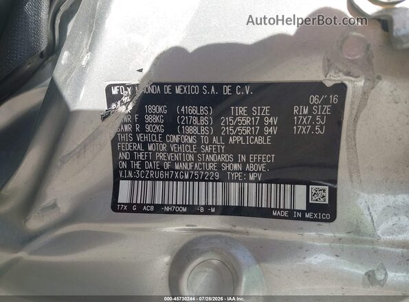 3CZRU6H7XGM757229 2016 HONDA HR-V Silver Շարժիչի բաժամունքի տեսք
