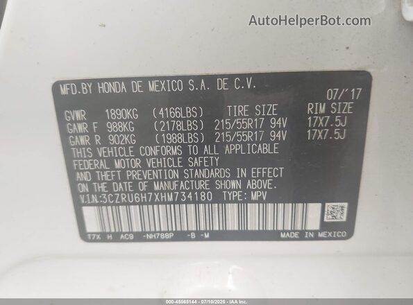 3CZRU6H7XHM734180 2017 HONDA HR-V White Вид підкапотного простору