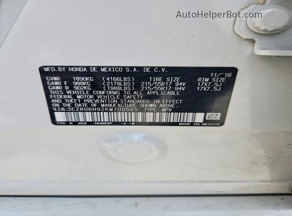 3CZRU6H92KM700565 2019 HONDA HR-V Белый Вид наклейки с VIN-кодом