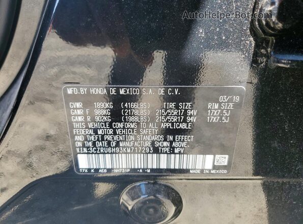 3CZRU6H93KM717293 2019 HONDA HR-V Black Widok naklejki z numerem VIN