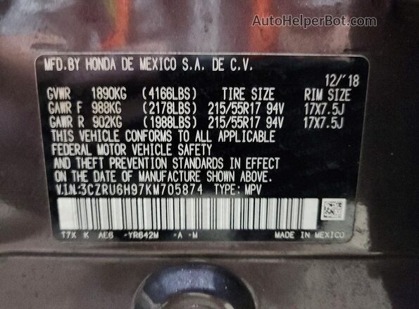 3CZRU6H97KM705874 2019 HONDA HR-V Purple Vista de la etiqueta del VIN