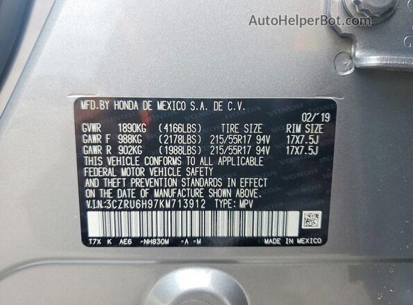 3CZRU6H97KM713912 2019 HONDA HR-V Silver VIN sticker view