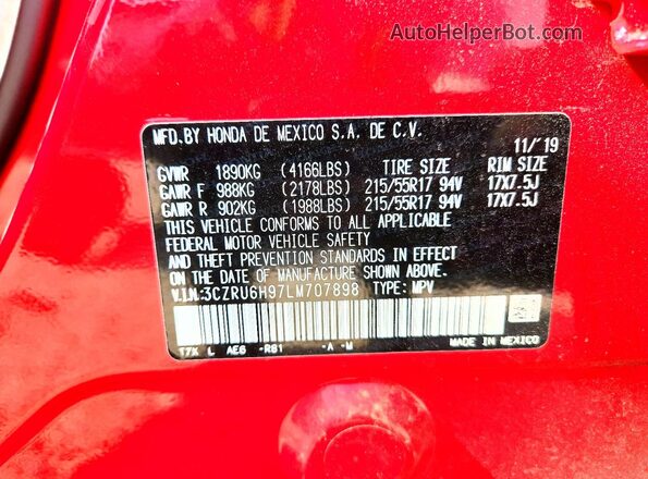 3CZRU6H97LM707898 2020 HONDA HR-V Red Вид наклейки з VIN-кодом